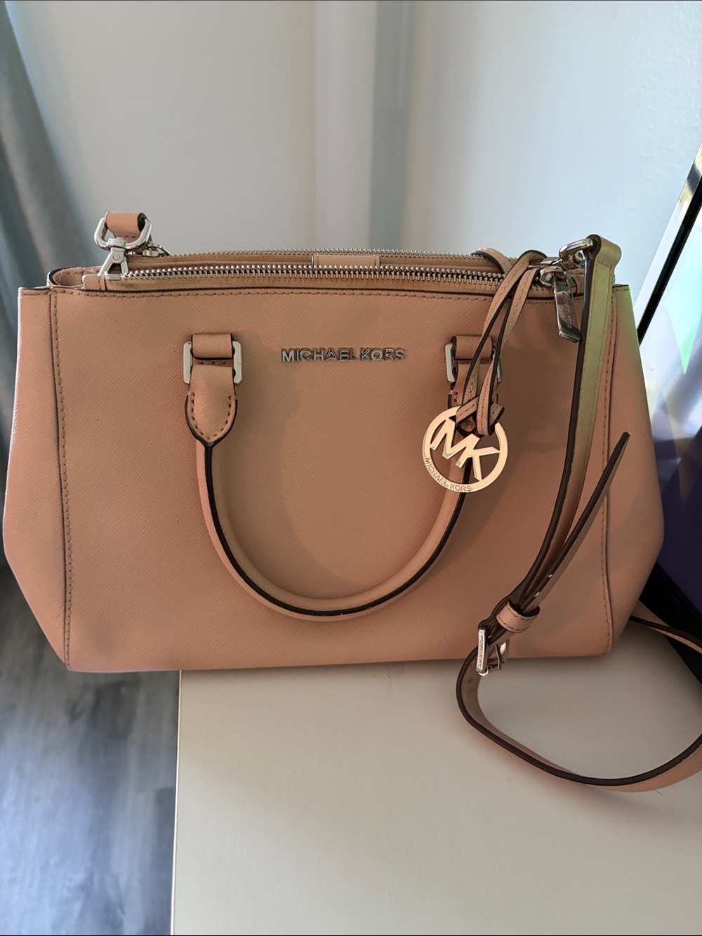 Michael Kors Peach/Pink Saffiano Leather Satchel with MK Charm